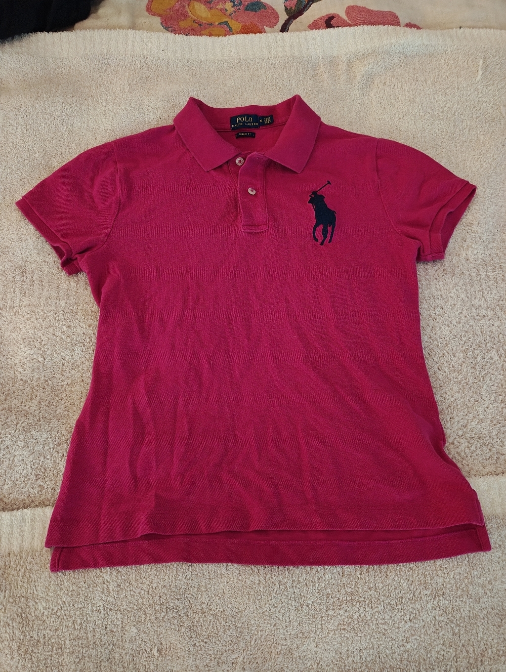 Women's Ralph Lauren Dark Pink Polo w Navy Horse Skinny Fit Size Med